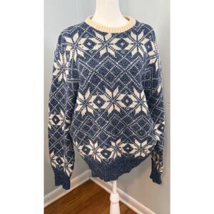 Vintage Royal North‎ Mills Outfitters Snowflake Sweater L/XL Navy Wool Blend
